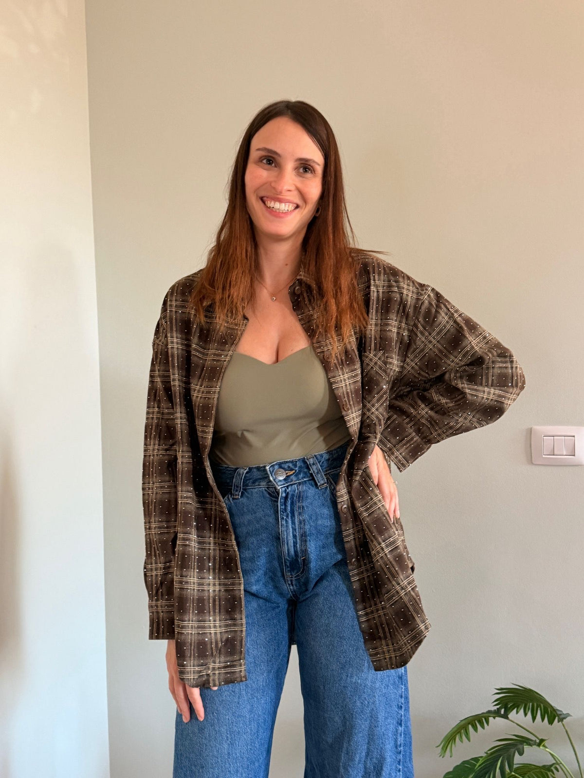 Camicia tartan con brillantini moka